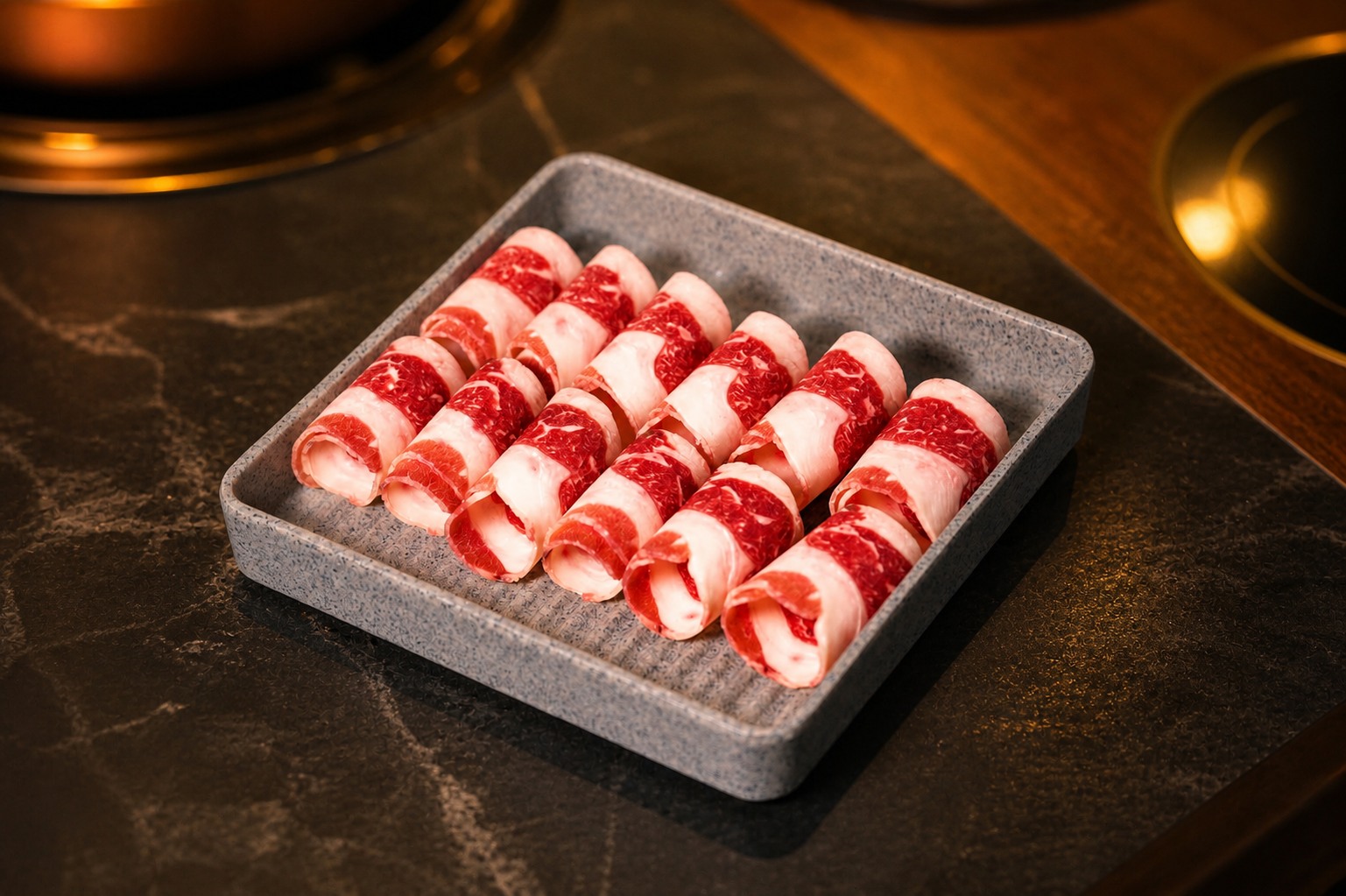 Thinly sliced Angus beef prepared for hot pot