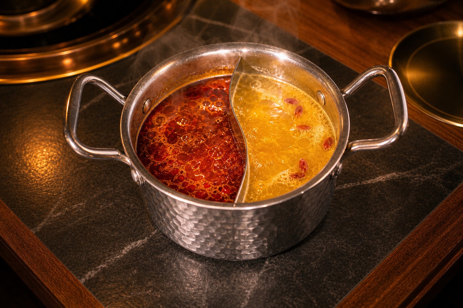 Split pot with golden chicken and tom yum soup bases