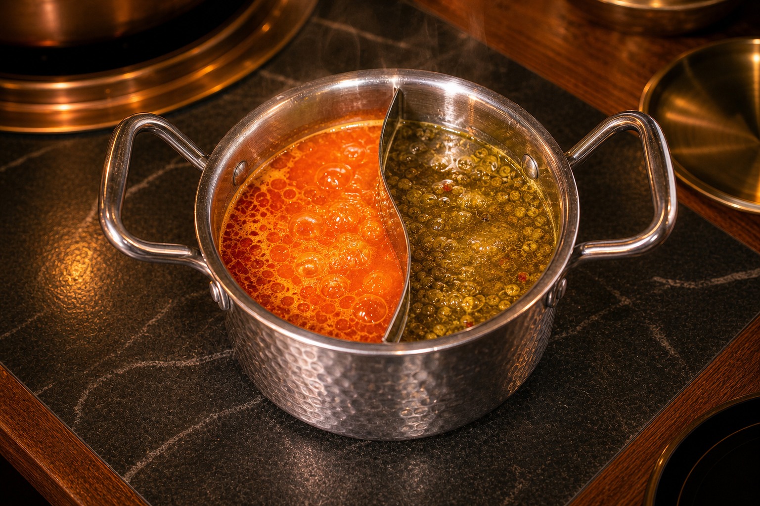 Split pot with peppercorn and sour spicy soup bases
