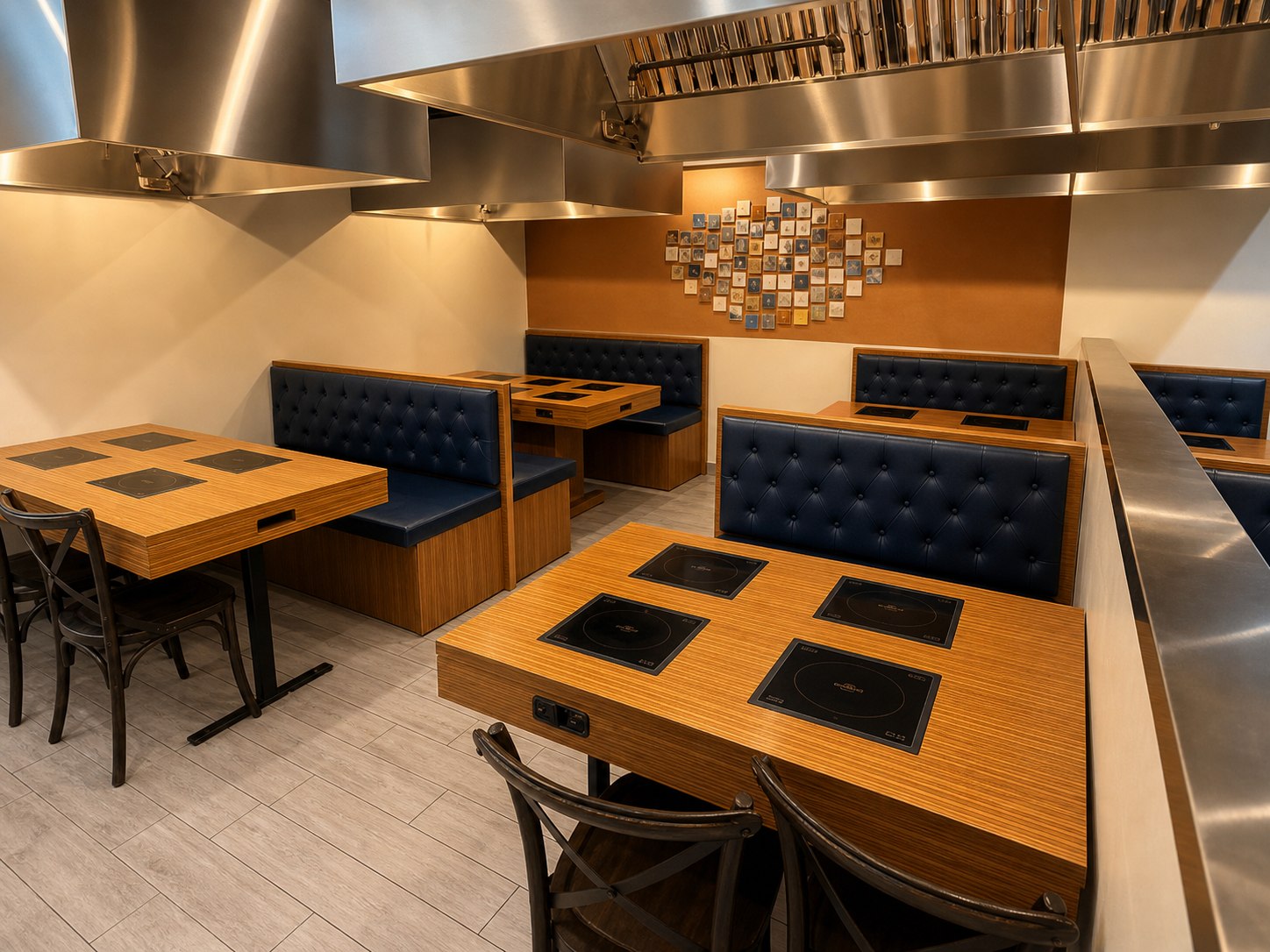 101 Pot dining room with booth seating and built-in hot pot cooktops