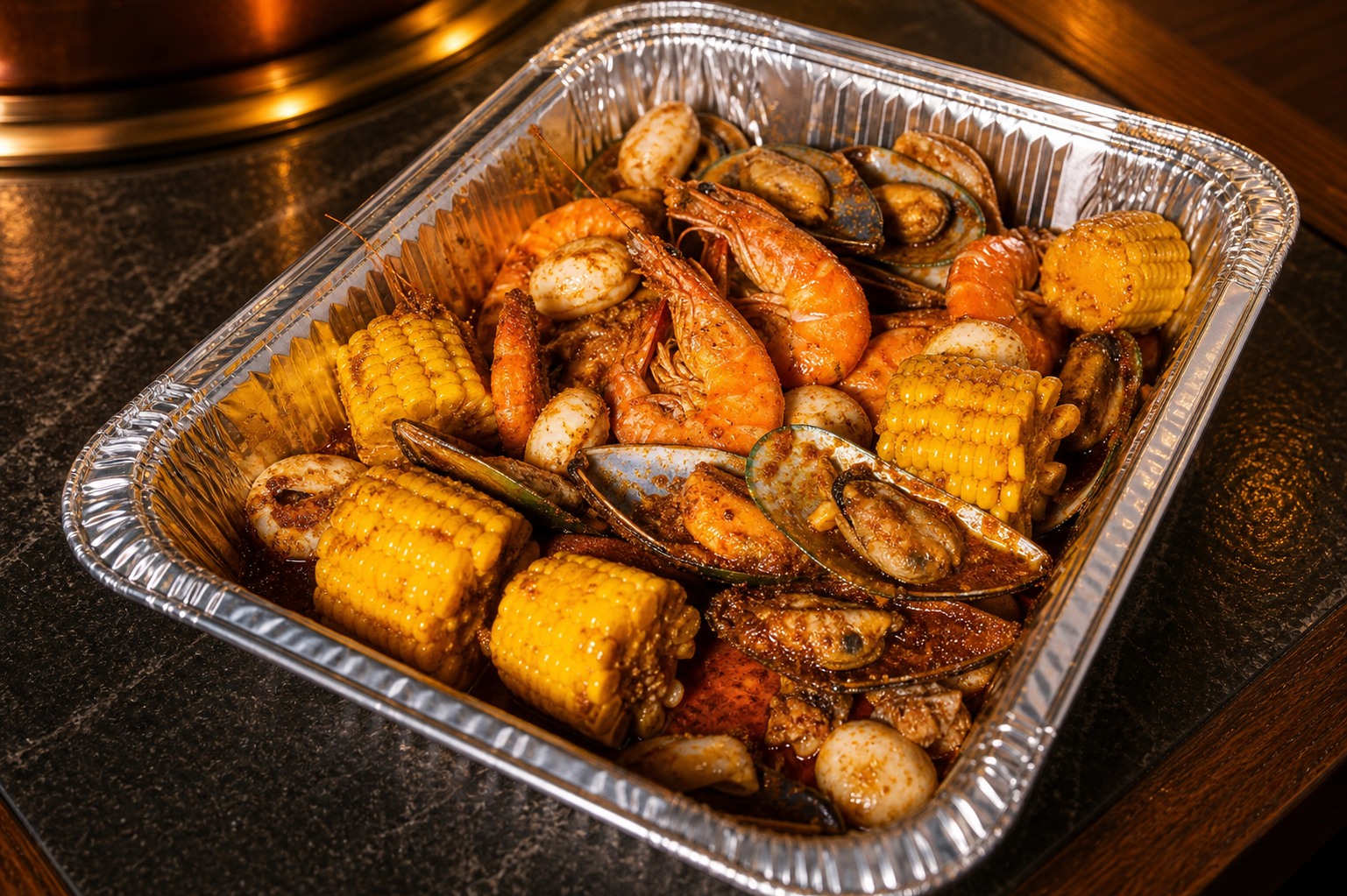 Seafood boil tray with lobster, shrimp, and shellfish