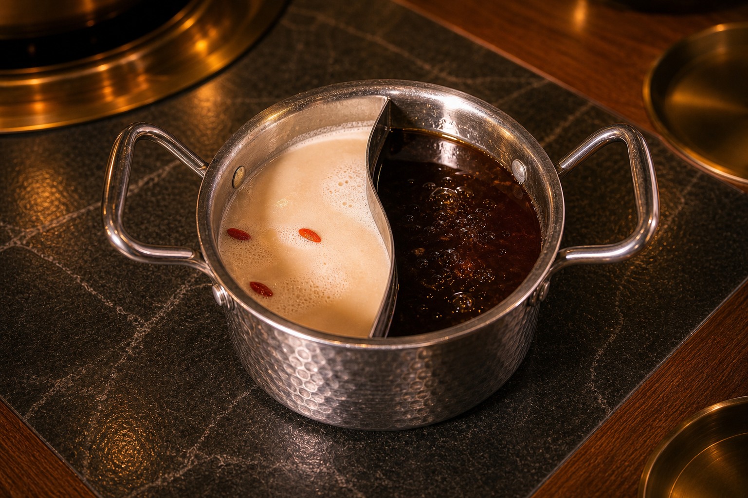 Split hot pot with tonkotsu and sukiyaki soup bases